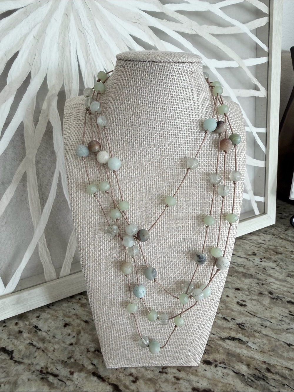 Multi-Strand Pale Green Faux Amazonite and Faux Pearl Bead Necklace